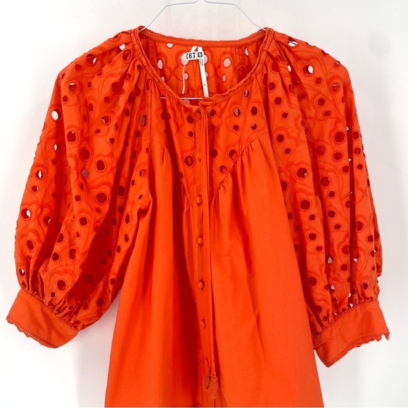 Anthropologie Chantal Eyelet Orange Puff Sleeve Button Down Crochet Tie Blouse - Picture 5 of 9